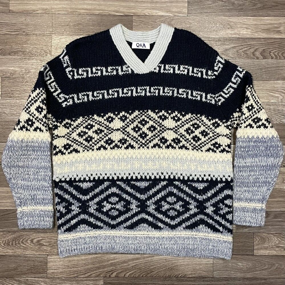 Vintage Q&A Acrylic Knit Sweater Men’s Medium Fair Isle Geometric Nordic V Neck